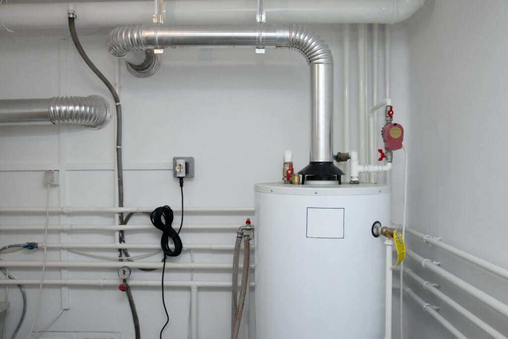 Pipes and the top half of a gas boiler in a basement